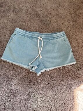 aerie Light Blue Denim Drawstring Shorts with Frayed Hem medium EUC